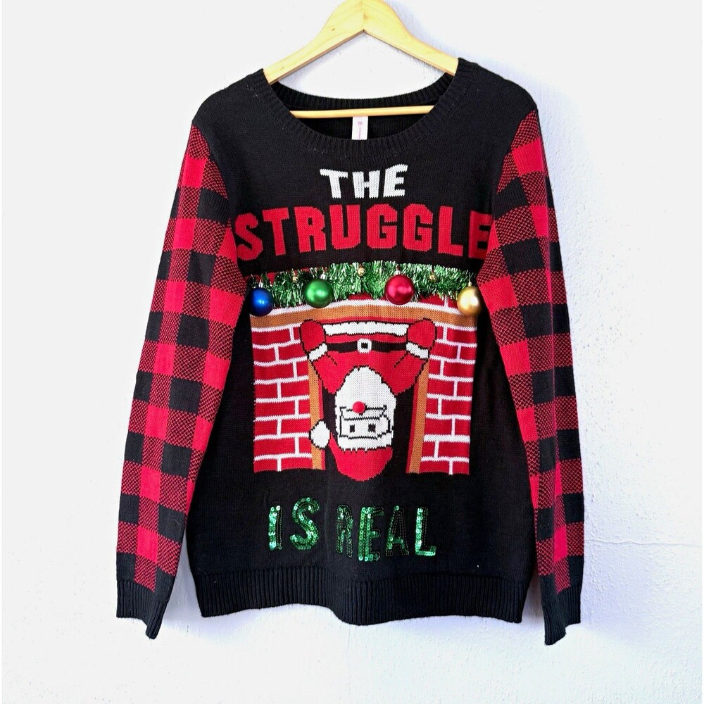 No Boundaries Women’s Christmas Pullover Sweater 3X Santa Plaid Crew Knit Sequin